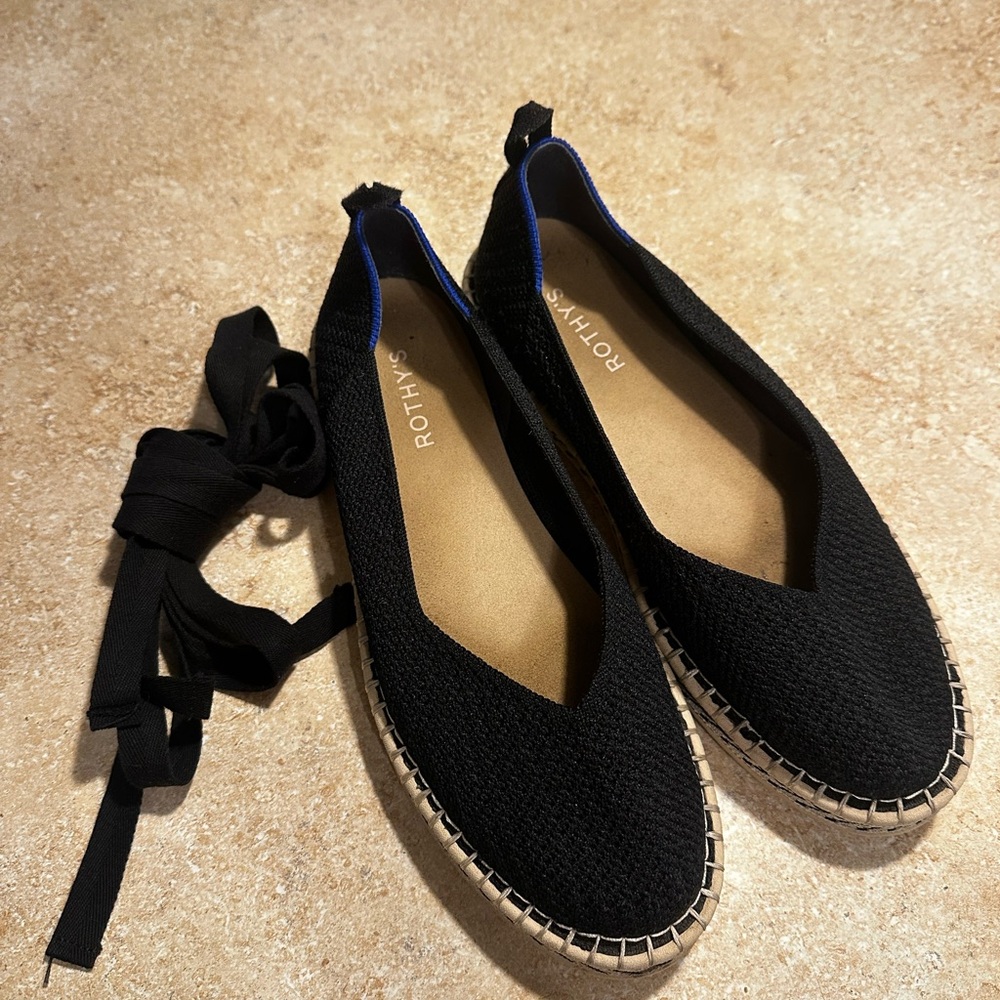 Rothy's Black Espadrille Flats with Natural Jute Trim